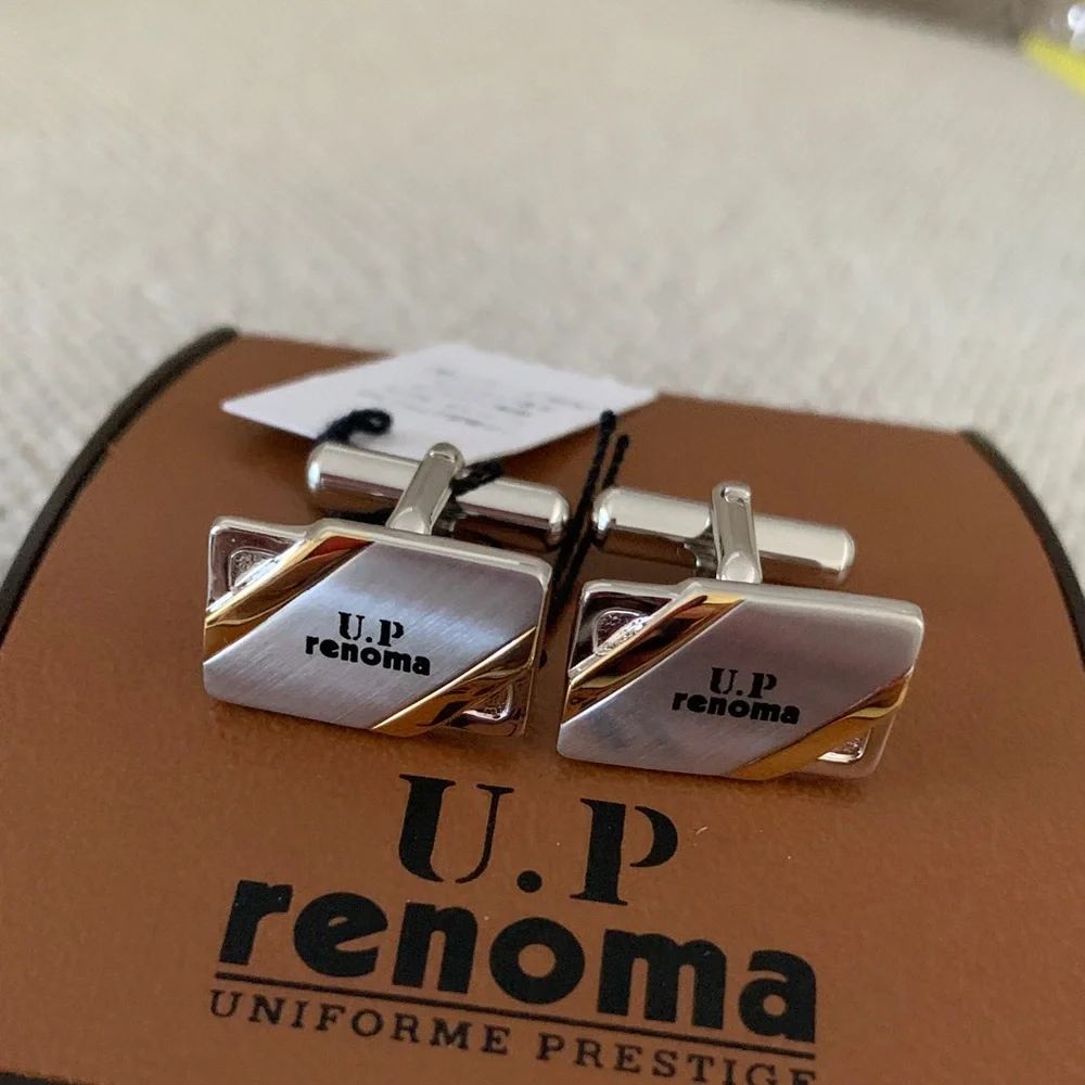 U.P. RENOMA Silvertone Cufflinks and Tie Clip Set